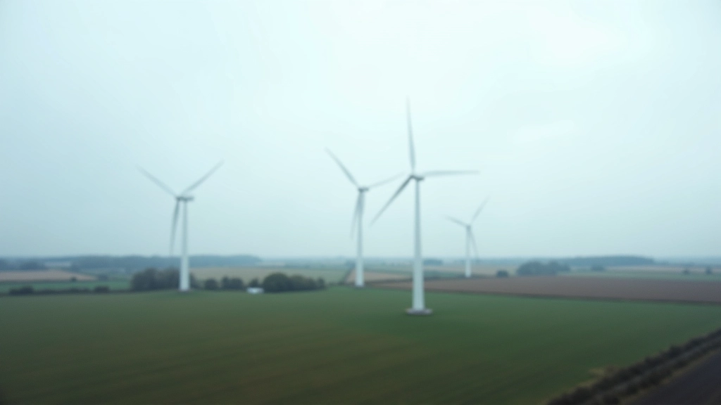 Luftaufnahme großer Windpark mit mehreren Turbinen in flacher Landschaft unter Wolken