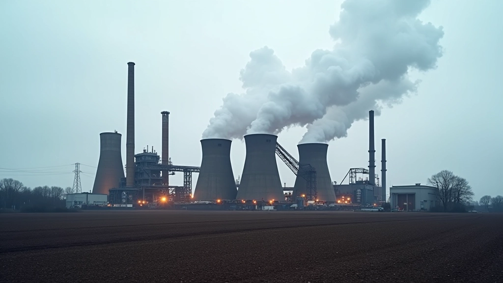 Industrieanlage mit Hochöfen und Dampffahnen, moderne Stahlproduktion unter bewölktem Himmel