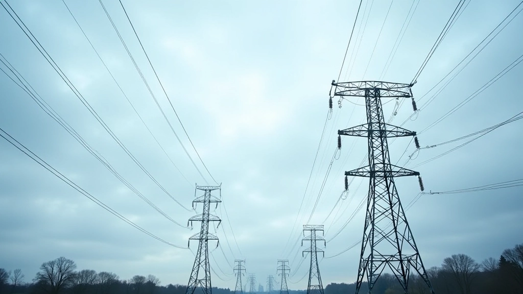 Strommasten und Hochspannungsleitungen gegen bewölkten Himmel