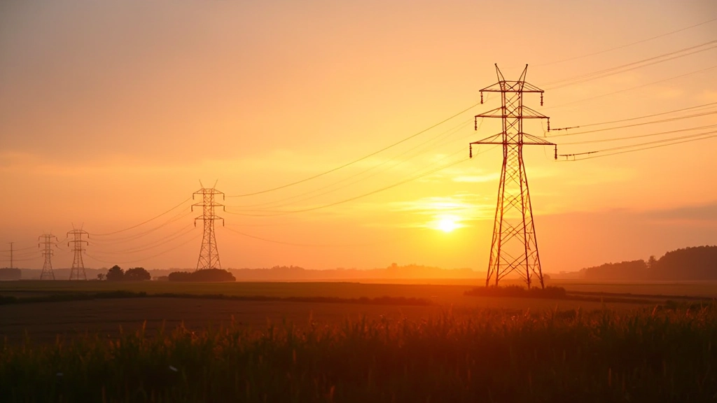 Hochspannungsmast und Stromtrassen in Landschaft bei Sonnenuntergang
