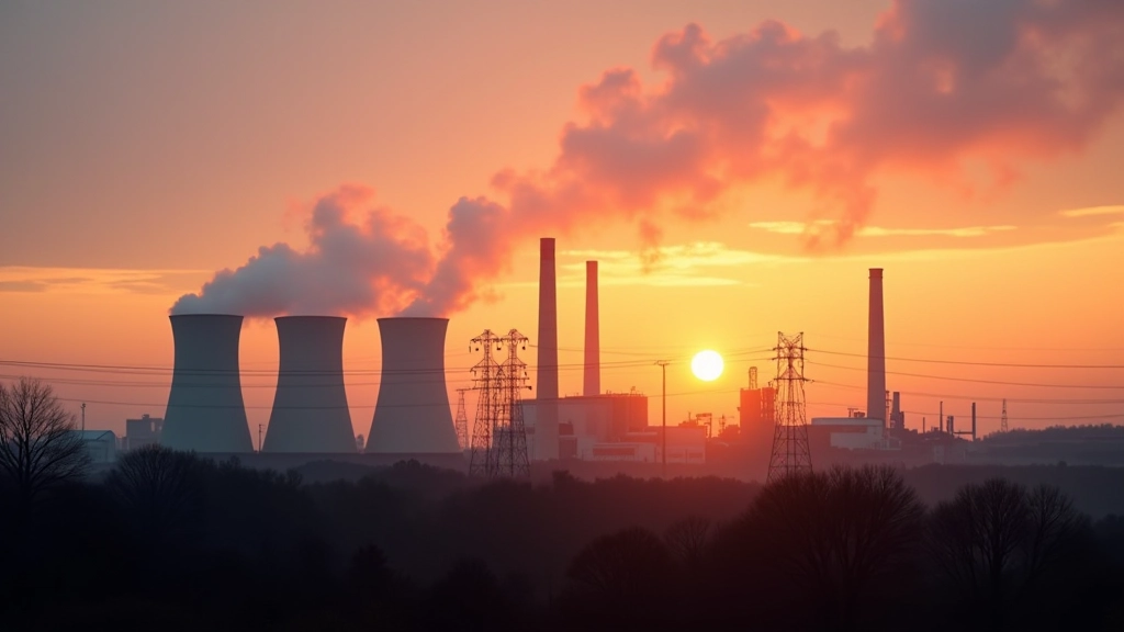 Industrieanlage mit dampfenden Schornsteinen und Stromleitungen bei Sonnenuntergang, Kontrast zwischen Industrie und Energiewende
