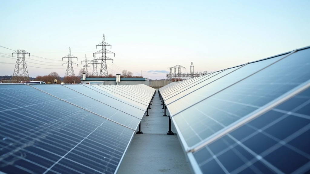 Fabrik mit modernen Solarpanelen auf dem Dach und Strommasten im Hintergrund, industrielle Landschaft bei Tageslicht