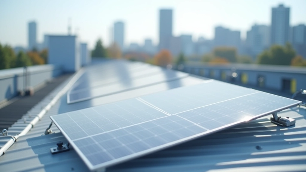 Solarpanele auf Industriedachfläche mit Stadtsilhouette im Hintergrund