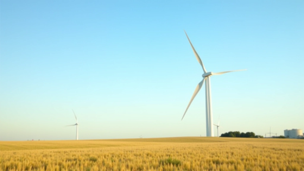 Windkraftanlage auf Feld mit modernem Fabrikgebäude im Hintergrund, sonniger Tag