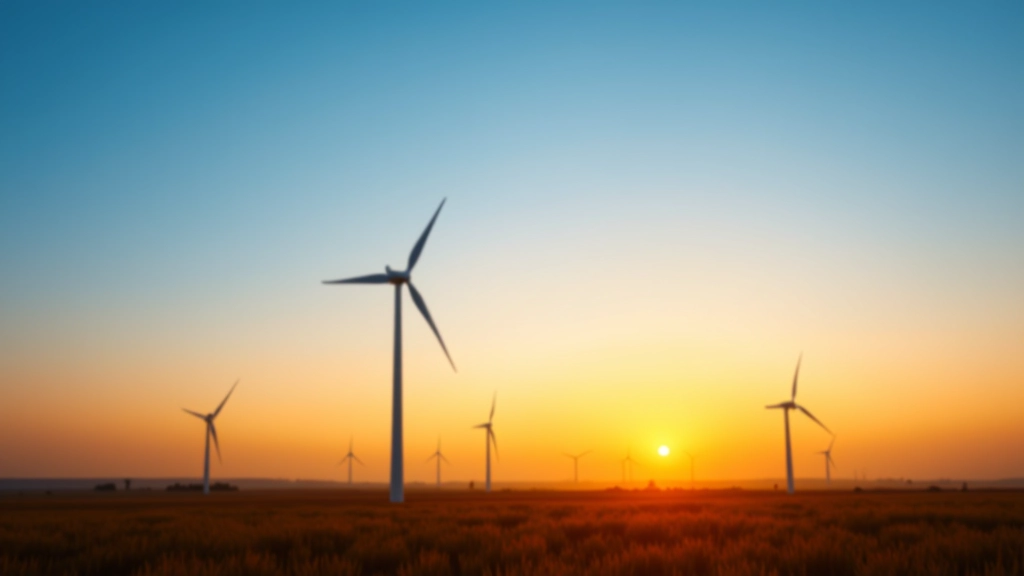 Moderne Windkraftanlage auf Feld bei Sonnenuntergang mit blauem Himmel