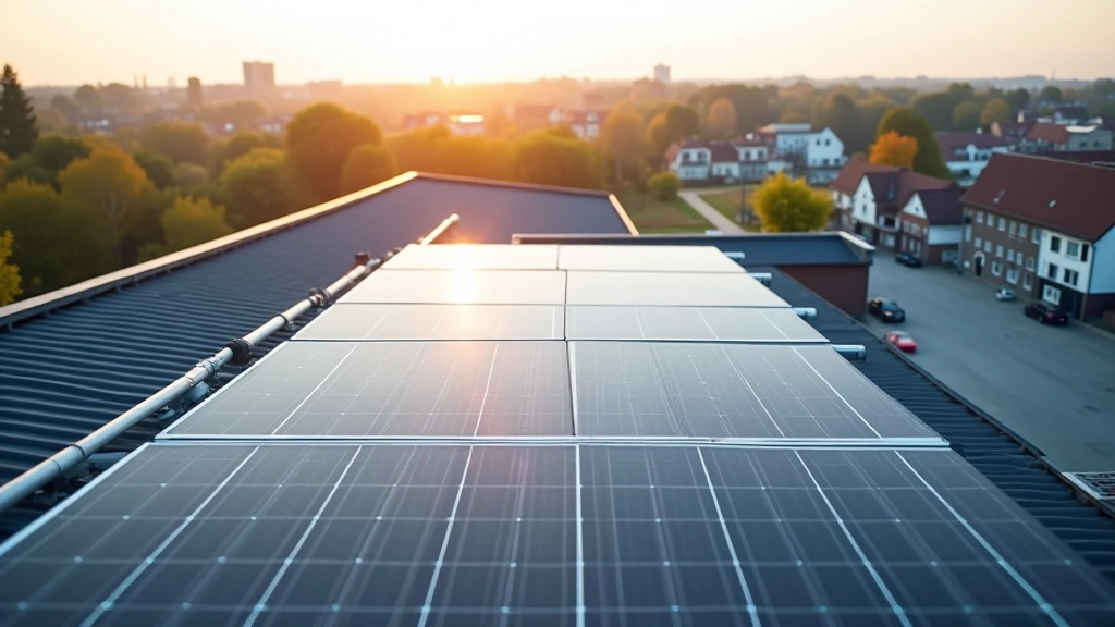 Solaranlage auf Dach eines Industriegebäudes mit Wohngebäuden im Hintergrund
