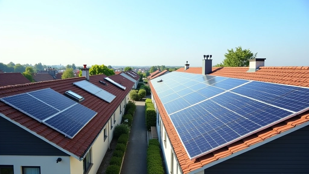 Grafik zeigt Solaranlagen auf Hausdächern in deutscher Wohnanlage mit technischem Design-Overlay