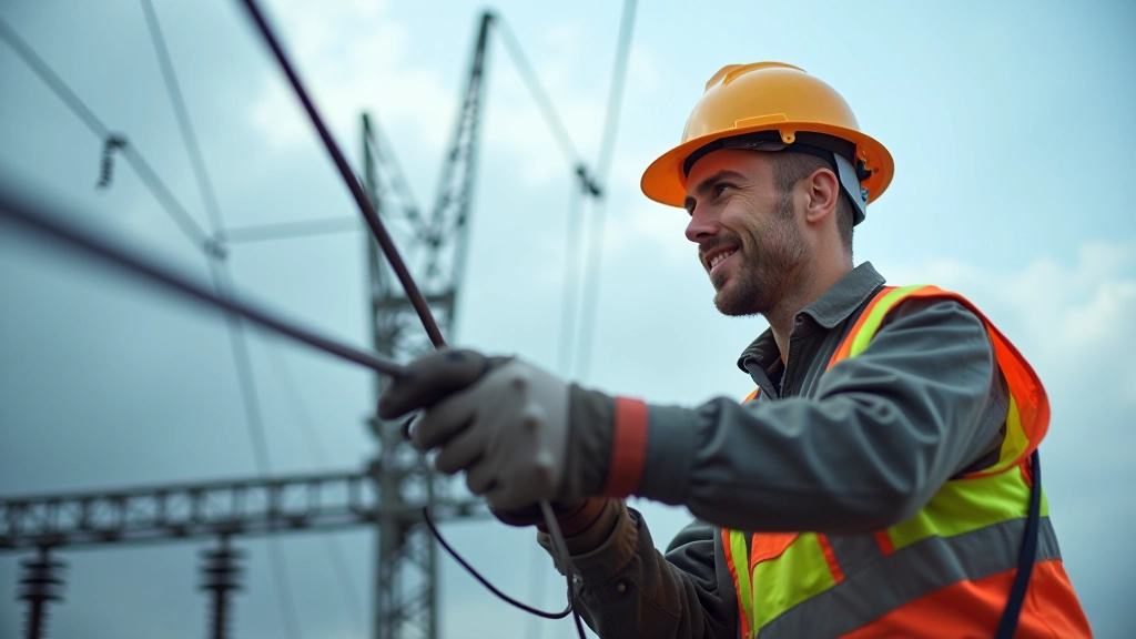 Techniker in Sicherheitsausrüstung bei der Wartung von Hochspannungsleitungen, technische Infrastruktur