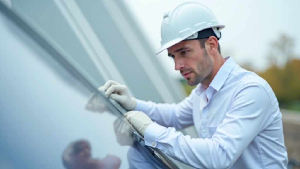 Techniker in weißer Arbeitskleidung inspiziert elektrische Komponenten einer Solaranlage