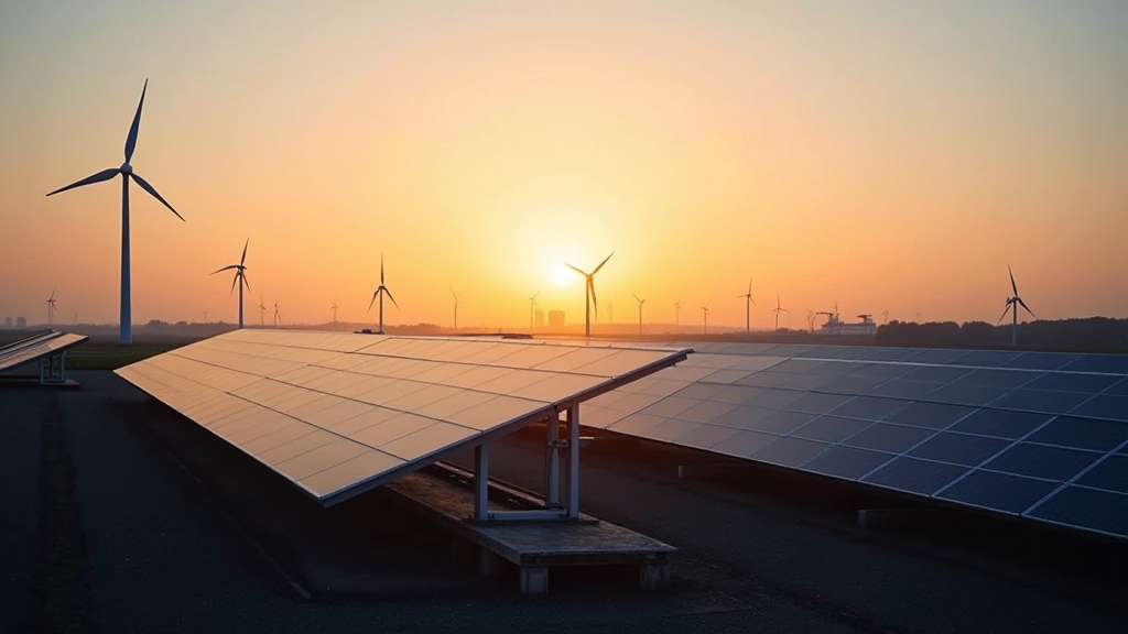 Modernes Energiewendekraftwerk mit Solaranlagen und Windkraftanlage bei Sonnenuntergang